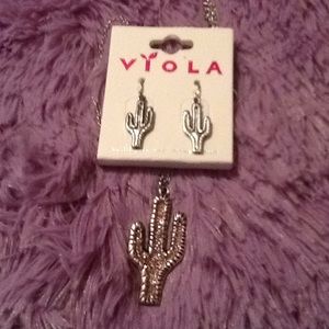 Glitter Pink Cactus Necklace & Burnished Earrings